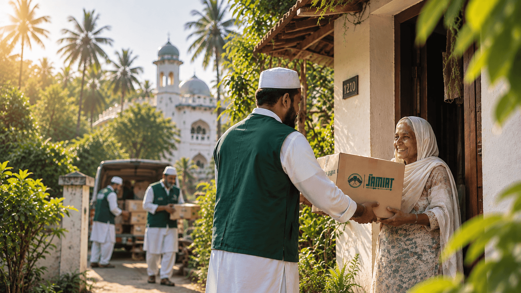 A volunteer handing a relief parcel to an elderly resident
